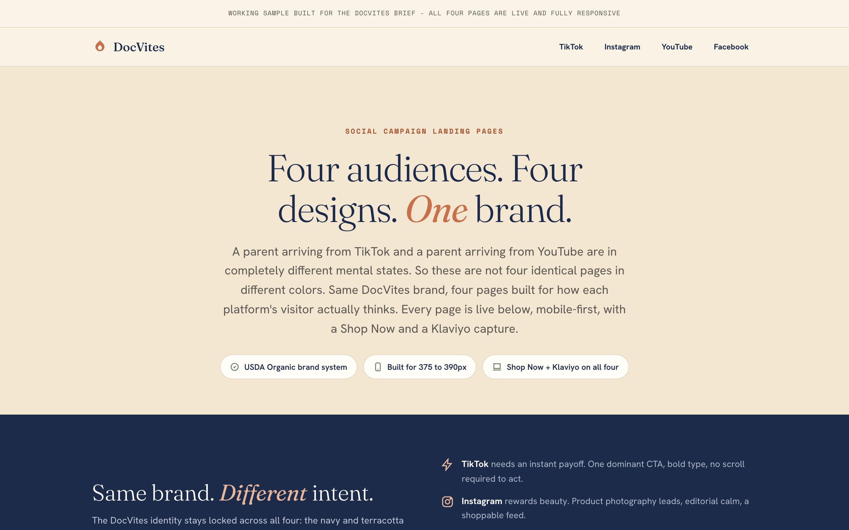 DocVites Social - four platform-specific landing pages for TikTok, Instagram, YouTube and Facebook