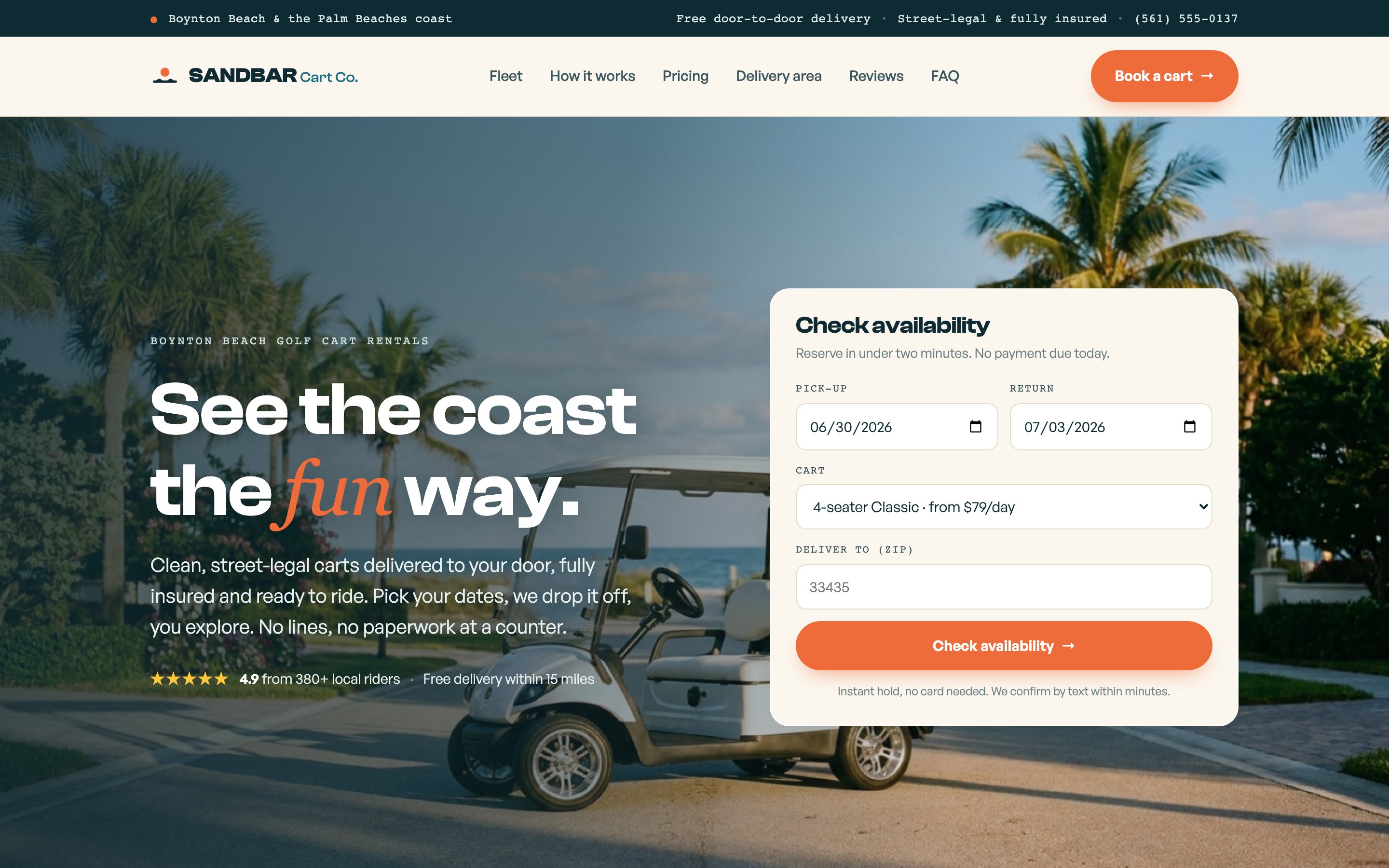 Sandbar Cart Co - coastal golf cart and street-legal LSV rental website with booking widget